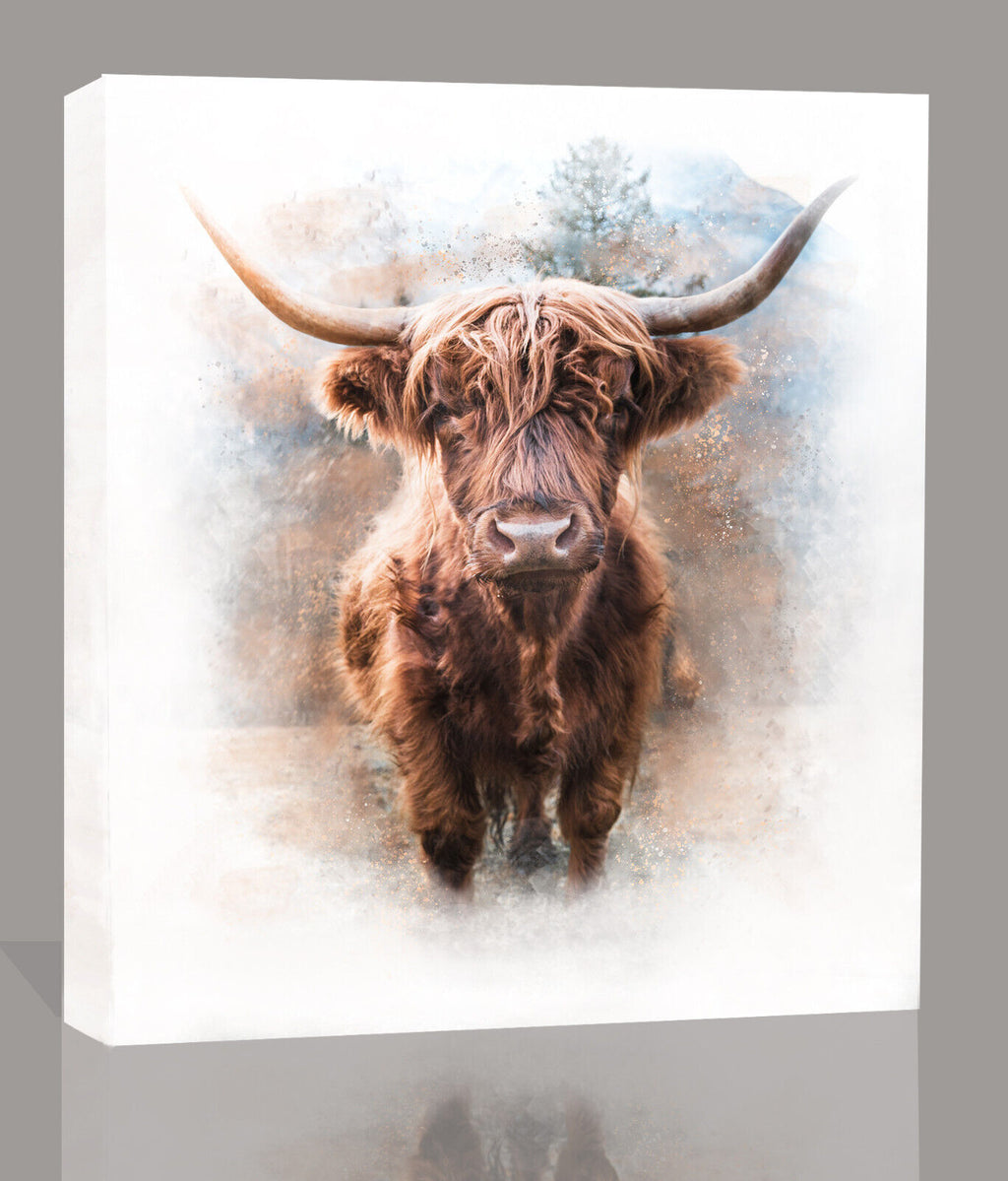 Highland Cow Watercolour Abstract Style Box Canvas wall art print picture