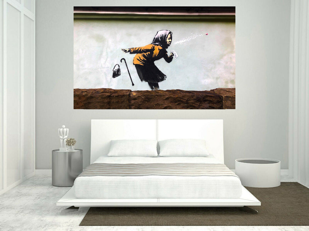 Banksy Elderly Woman Sneezing Graffiti Canvas Wall Art Picture Print  Brown Grey
