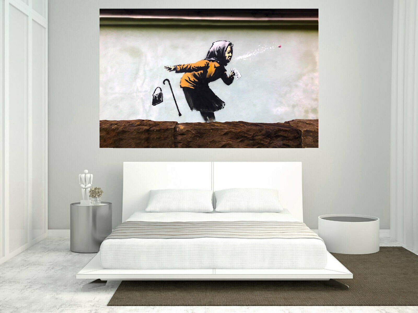 Banksy Elderly Woman Sneezing Graffiti Canvas Wall Art Picture Print  Brown Grey