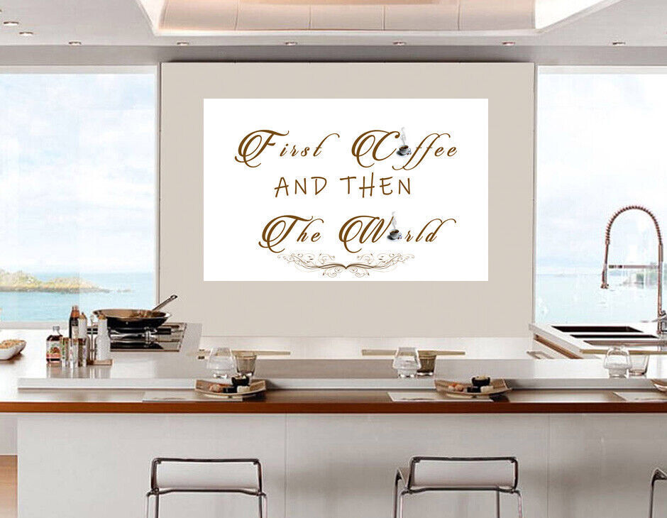 First coffee then the world Quote Cream Brown Kitchen Canvas Wall Art Picture