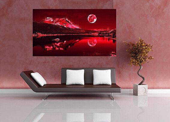 Red Tones Moonlit Lake Cotton Canvas Wall Art Picture Print - A1, A2 sizes