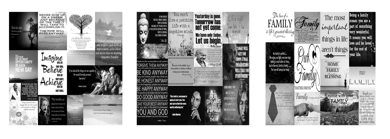 3 Panels with Quotes 100% Cotton Canvas Wall Art Pictures Prints Black & White