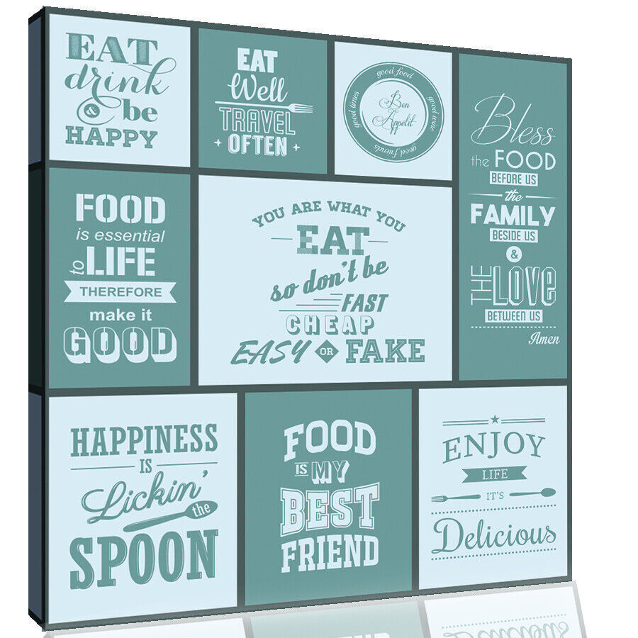 Duck Egg Blue Kitchen Quotes Collage Canvas Wall Art Picture Print
