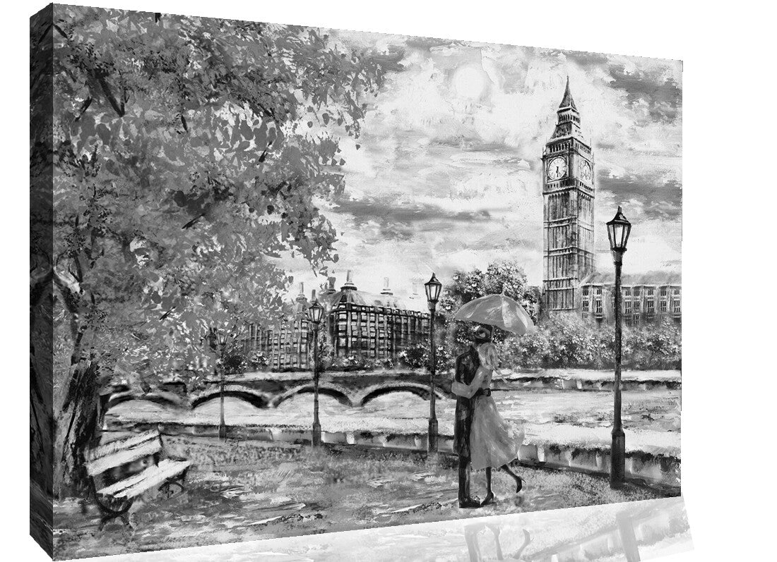 Black & White London Oil Painting Big Ben Umbrella Canvas Wall Art Picture Print