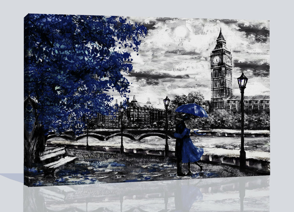 Navy Blue Oil Painting London Big Ben Umbrella Canvas Wall Art Picture Print