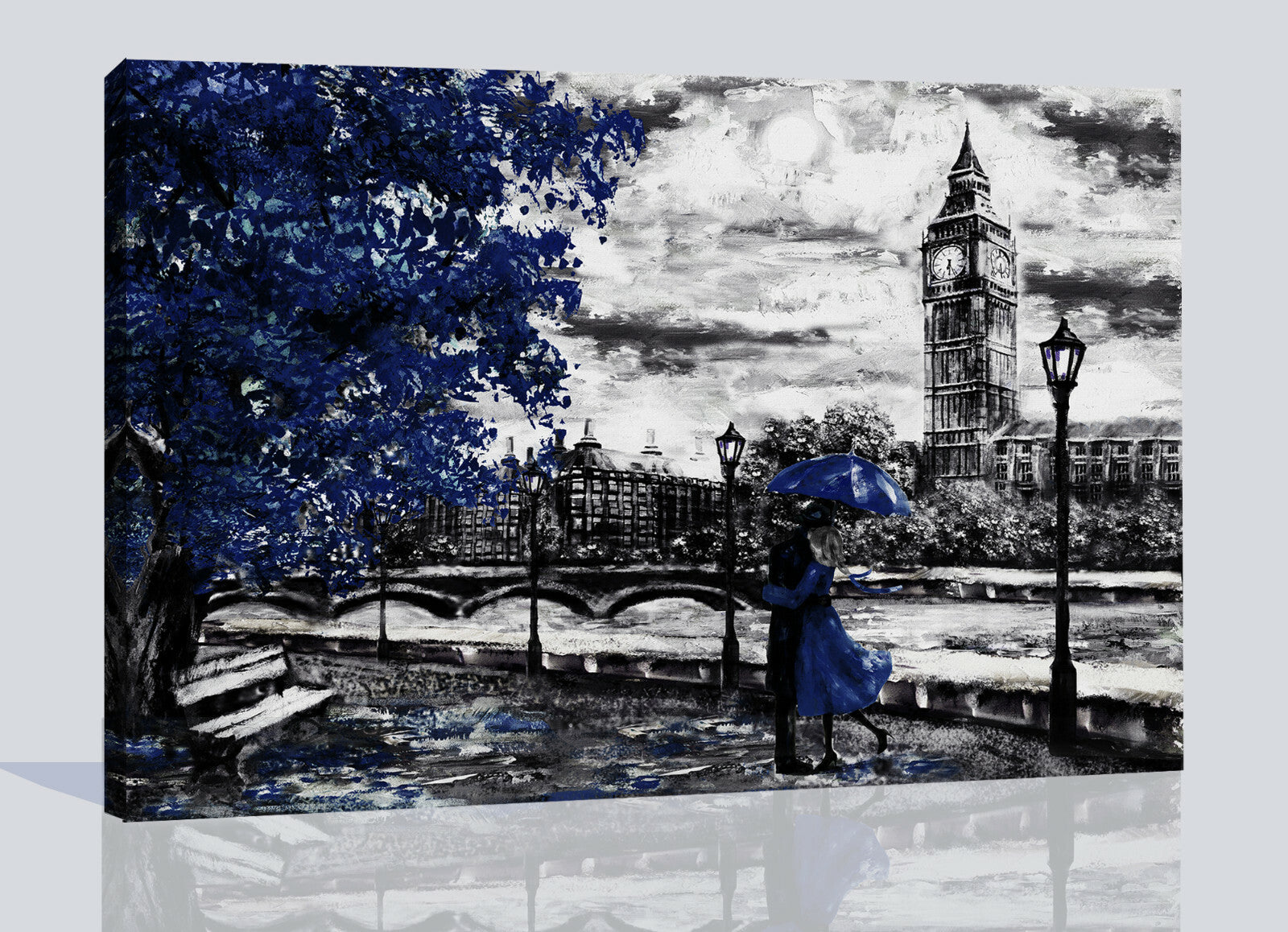 Navy Blue Oil Painting London Big Ben Umbrella Canvas Wall Art Picture Print