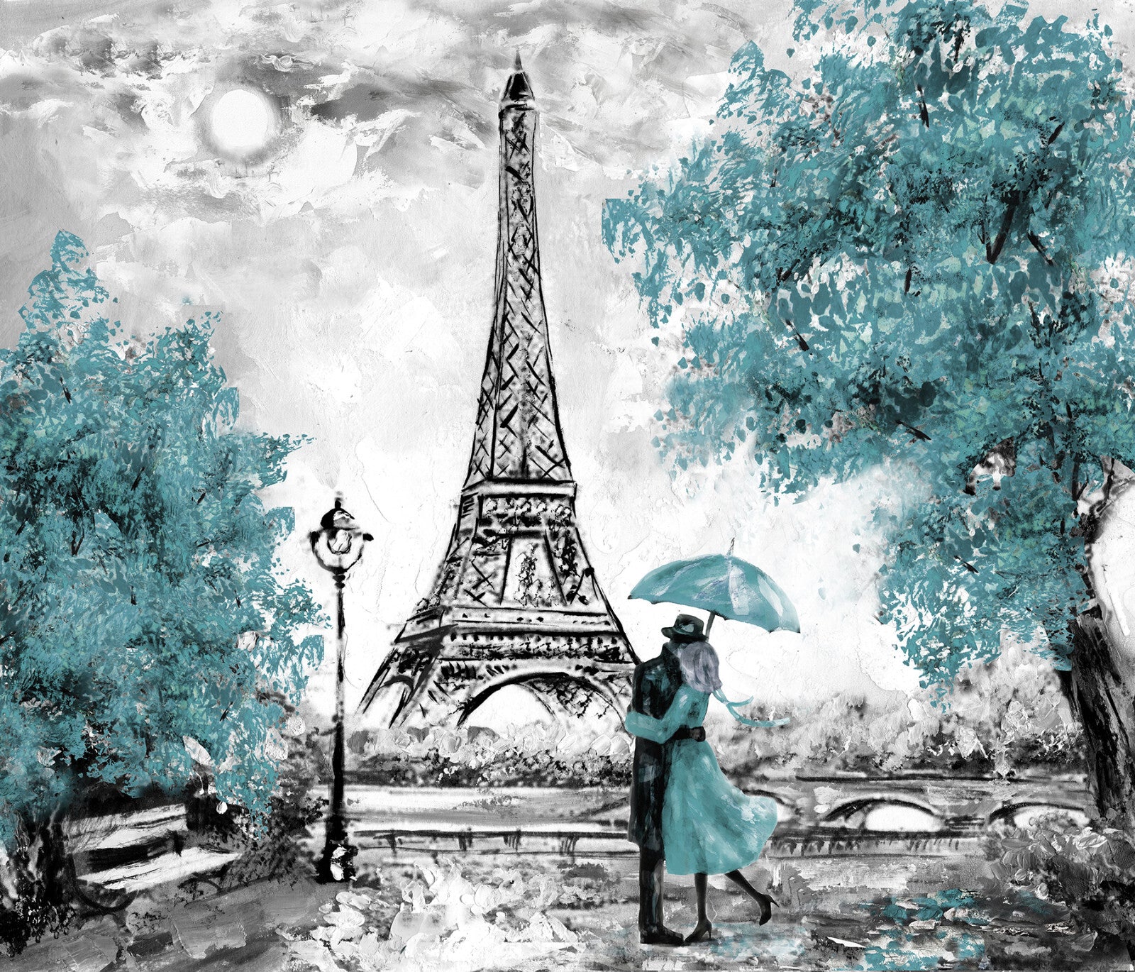 Duck Egg Blue Oil Painting Paris Eiffel Tower  Canvas Wall Art Picture Print