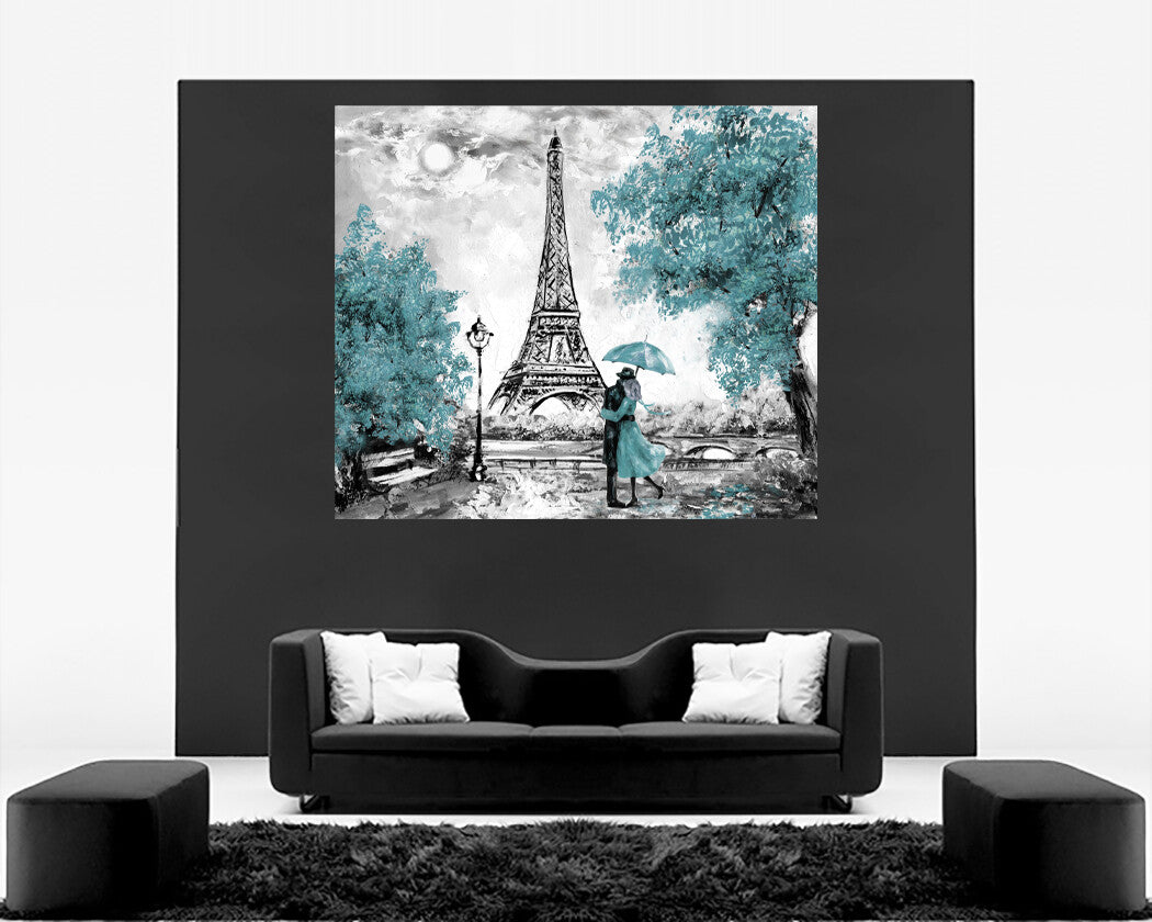 Duck Egg Blue Oil Painting Paris Eiffel Tower  Canvas Wall Art Picture Print